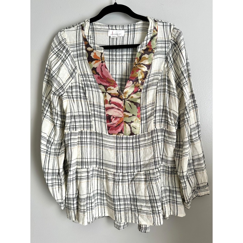 by Anthropologie XL Womens Top Plaid Floral Vneck Long Sleeve